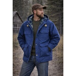 Vintage Fieldmaster Jacket Mens L Blue‎ Hooded Plaid Lined Barn Chore 90s Korea